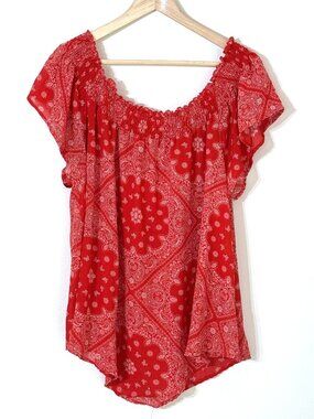 Self Esteem Red Bandana Flowy Blouse 3X Smocked Neckline July 4 Americana